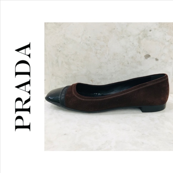 Prada Shoes - PRADA {37.5} Brown Suede Flats Patent Leather Square Toe Cap Logo Rubber Sole